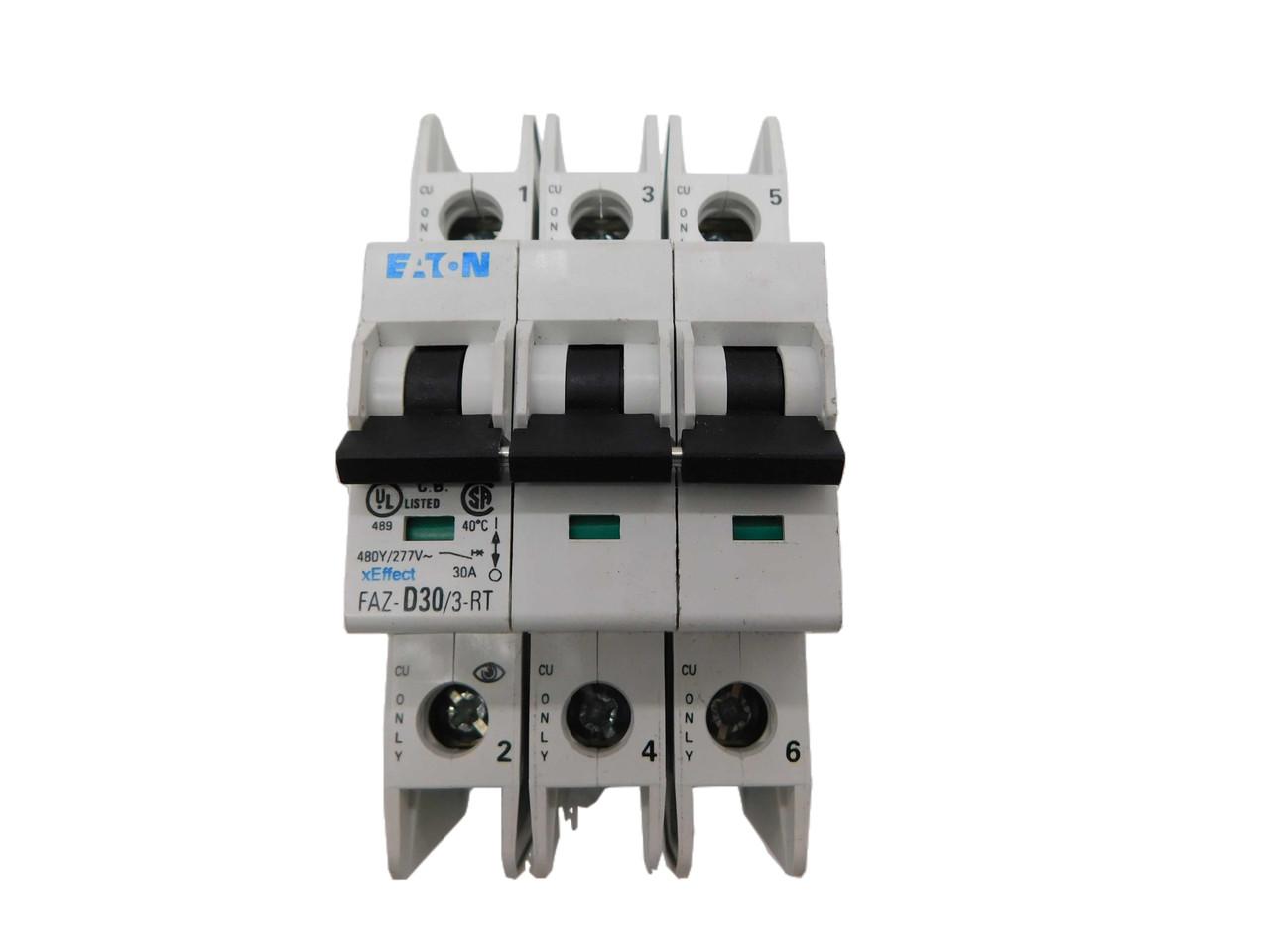 Eaton FAZ-D30/3-RT 277/480 VAC 50/60 Hz, 30 A, 3-Pole, 10/14 kA, 10 to 20 x Rated Current, Ring Tongue Terminal, DIN Rail Mount, Standard Packaging, D-Curve, Current Limiting, Thermal Magnetic