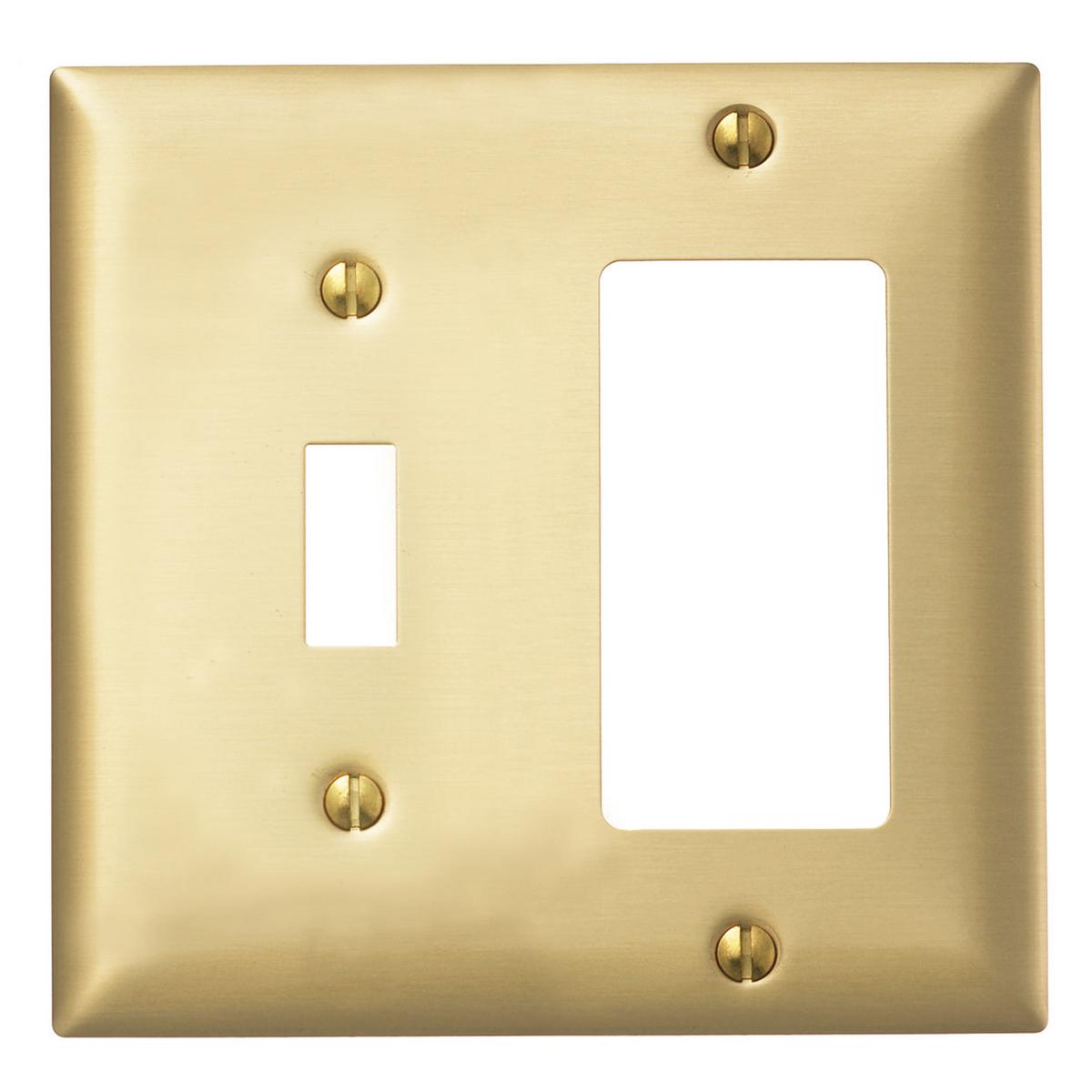 Hubbell SBP126 Wallplates and Boxes, Metallic Plates, 2- Gang, 1) Toggle Opening, 1)Decorator Opening, Standard Size, Brass Plated Steel  ; Non-magnetic and corrosion resistant ; Finish is lacquer coated to inhibit oxidation ; Protective plastic film helps to prevent sc