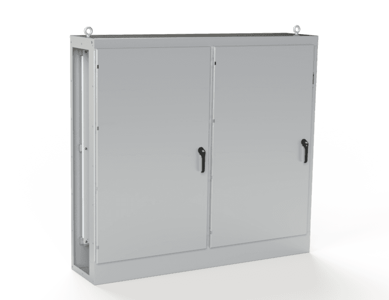 Saginaw Control SCE-MOD72X7818 2DR MOD Enclosure, Height:72.00", Width:77.75", Depth:18.00", ANSI-61 gray powder coating inside and out. Sub-panels are powder coated white.