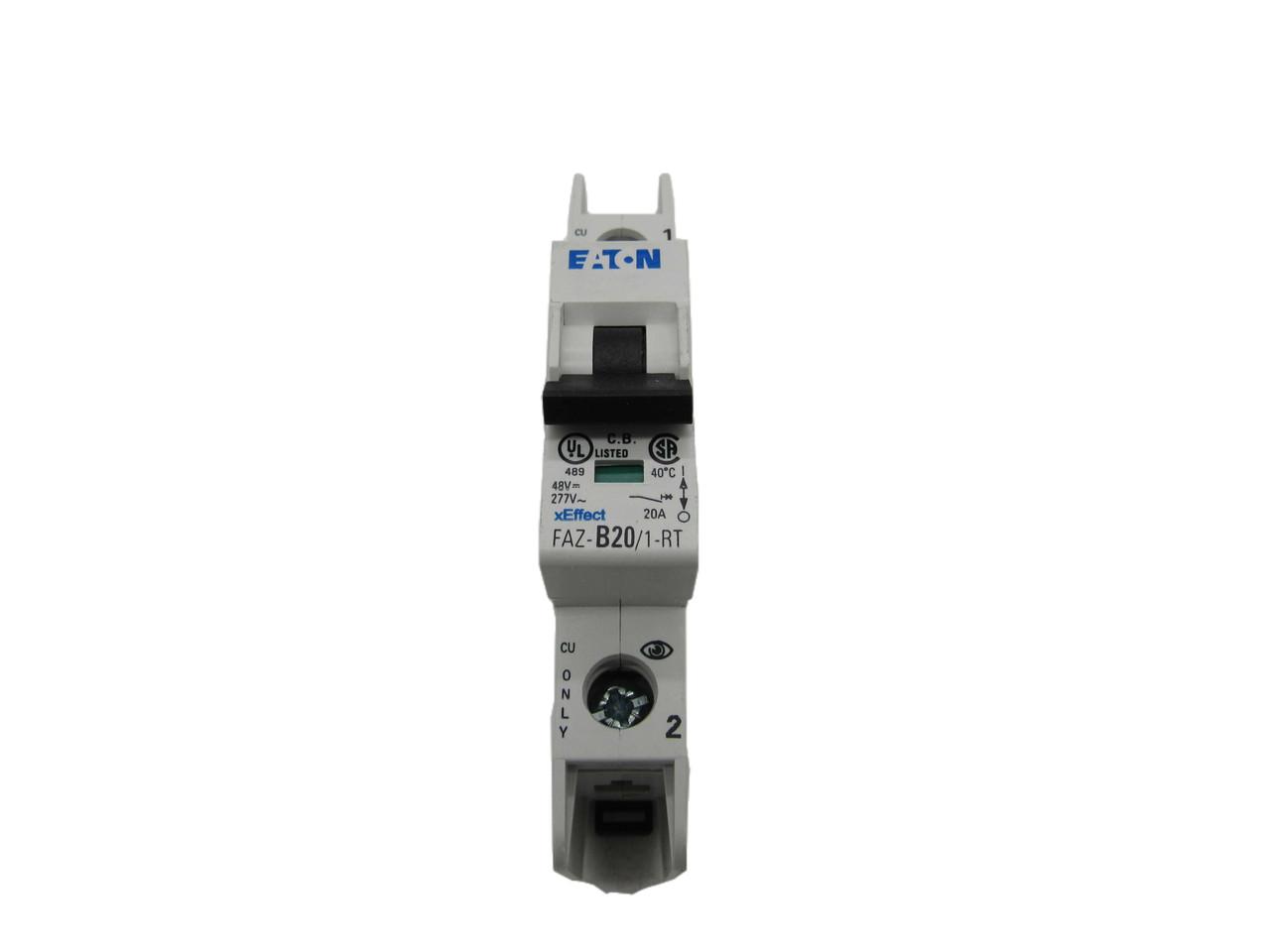Eaton FAZ-B20/1-RT 277/480 VAC 50/60 Hz, 20 A, 1-Pole, 10/14 kA, 3 to 5 x Rated Current, Ring Tongue Terminal, DIN Rail Mount, Standard Packaging, B-Curve, Current Limiting, Thermal Magnetic