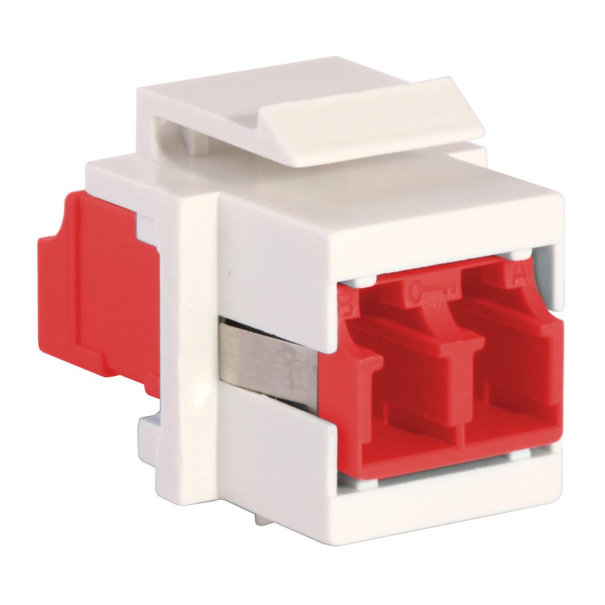 Hubbell SFFLCSROW Fiber Optic Connectors, Snap-Fit, Flush, LC-Duplex, Zircon Sleeves, Red, Office White Housing  ; Snap Fit ; Office White Housing ; Flush ; LC Duplex ; Red Adapter ; Standard Product