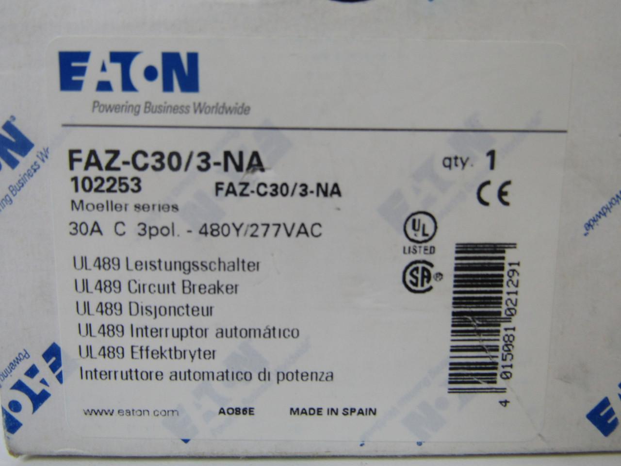 Eaton FAZ-C30/3-NA 277/480 VAC 50/60 Hz, 30 A, 3-Pole, 10/14 kA, 5 to 10 x Rated Current, Screw Terminal, DIN Rail Mount, Standard Packaging, C-Curve, Current Limiting, Thermal Magnetic