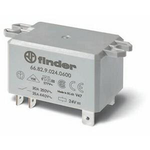 Finder 66.82.9.024.0600 Electromechanical power relay with 1.5mm contact gap - Finder (66 series) - Control coil voltage 24Vdc - 2 poles (2P) - 2NO / DPST-NO (Double Pole Single Throw - Normally Open) contacts - Rated current 30A (250Vac; AC-1) / 25A (30Vdc; DC-1) - Rated switch