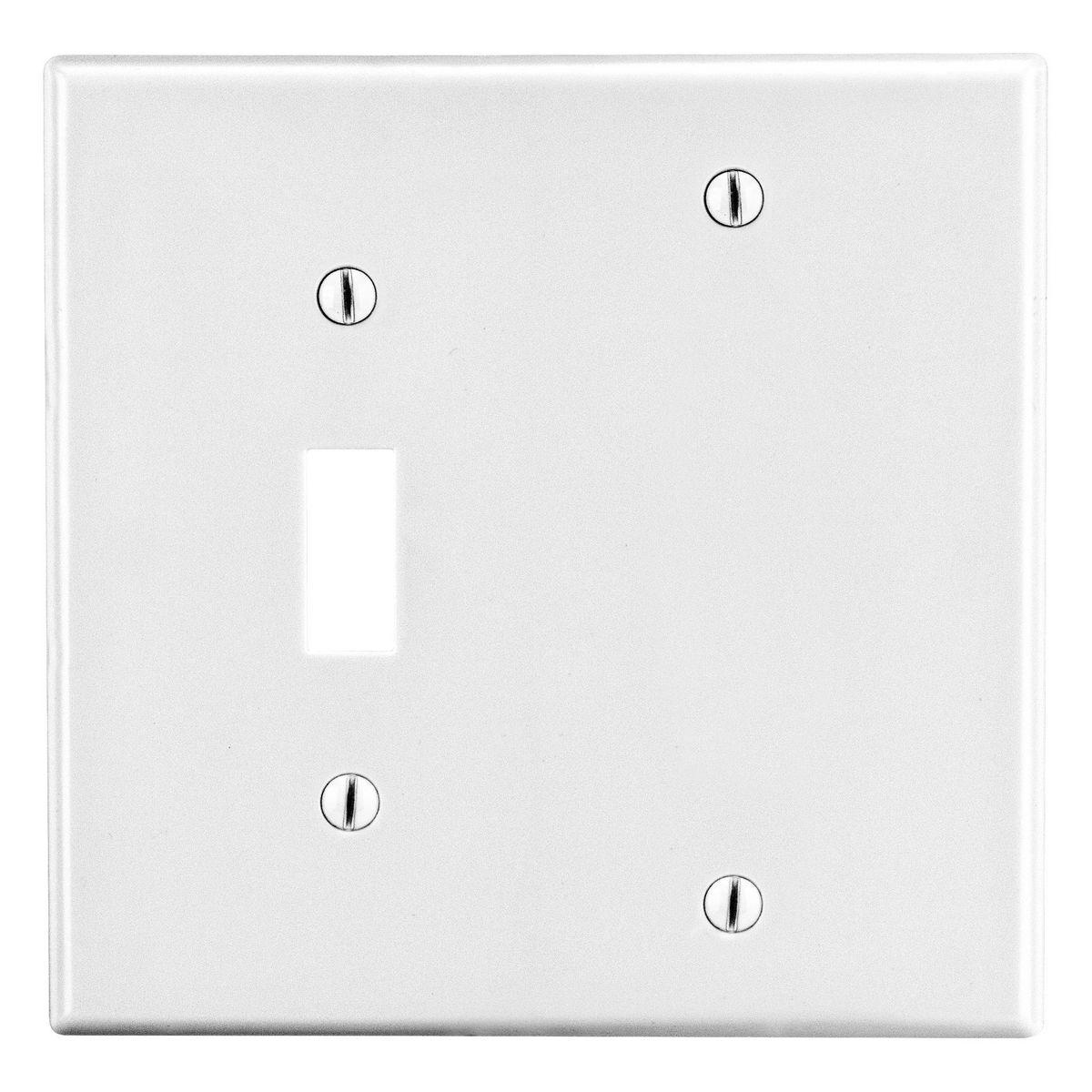 Hubbell PJ113W Wallplate, Mid-Size 2-Gang, 1) Toggle 1) Box Mount Blank, White  ; High-impact, self-extinguishing polycarbonate material ; More Rigid ; Sharp lines and less dimpling ; Smooth satin finish ; Blends into wall with an optimum finish ; Smooth Satin Finish