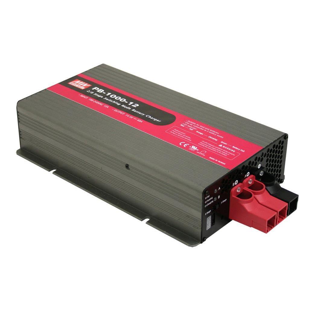 MEAN WELL PB-1000-24 AC-DC Single output intelligent battery charger with PFC; Input with 3 pin IEC-320-C14 socket; Output 28.8VDC at 34.7A with terminal block; Selectable 2-3-8 stage smart charging with cooling fan