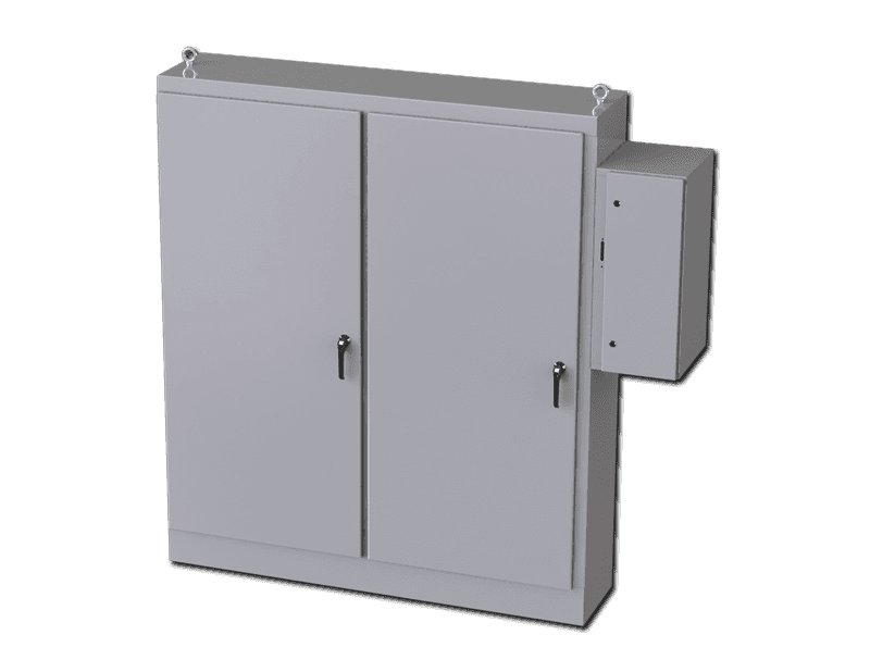 Saginaw Control SCE-90XD7818 2DR XD Enclosure, Height:90.00", Width:77.75", Depth:18.00", ANSI-61 gray powder coating inside and out. Sub-panels are powder coated white.