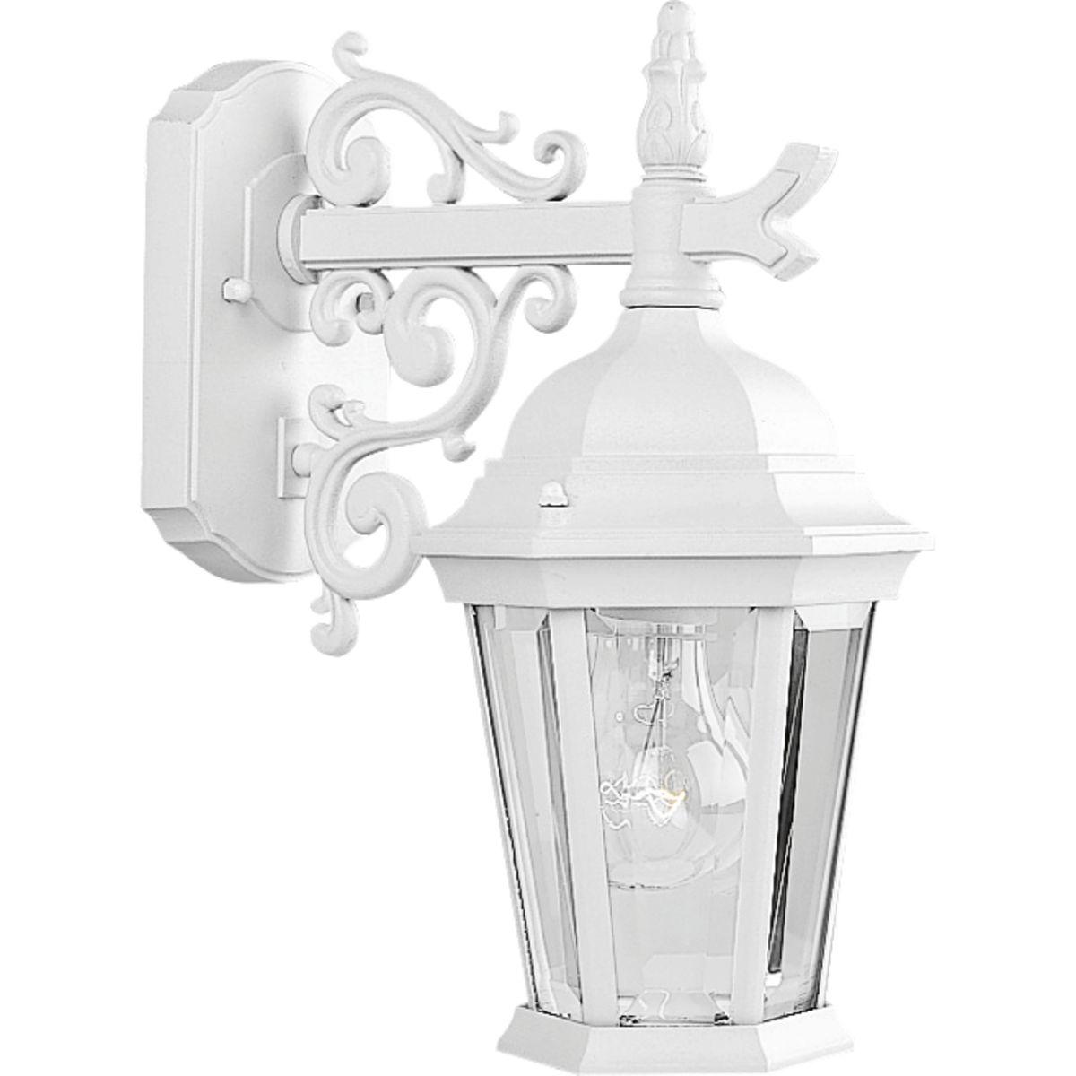 Hubbell P5682-30 The Welbourne collection features hexagonal framework with vine inspired scrolls and clear beveled glass panels. Cast aluminum construction with durable powder coat finish. One-light 6-1/2" top mount outdoor wall lantern.  ; Hexagonal framework. ; Vine in