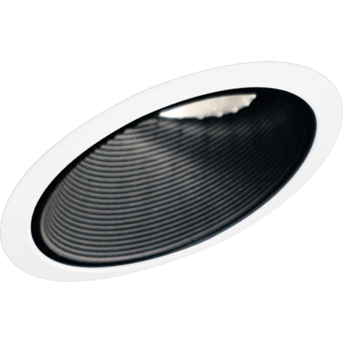 Hubbell P8004-31 Sloped ceiling baffle for insulated ceilings in a Black finish and bright white powder painted steel flange and ball.  ; Black finish. ; Bright white powder painted steel flange and ball. ; Covers irregular ceiling openings.