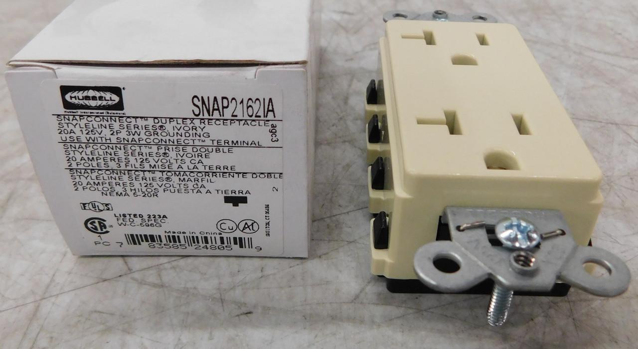 Hubbell SNAP2162IA Straight Blade Devices, Receptacles, Style Line Decorator Duplex, SNAPConnect, 20A 125V, 2-Pole 3-Wire Grounding, 5-20R, Nylon, Ivory  ; Aesthetic Style Line® decorator design ; Audible SNAP, indicates solid connection ; Reduces installation time ; Fully 