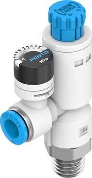 Festo 8086011 Pressure regulator VRPA-LM-R18-Q8 Controller function: (* Output pressure constant, * with secondary exhaust, * with return flow), Pneumatic connection, port  1: R1/8, Pneumatic connection, port  2: QS-8, Mounting type: Threaded, Standard nominal flow rat