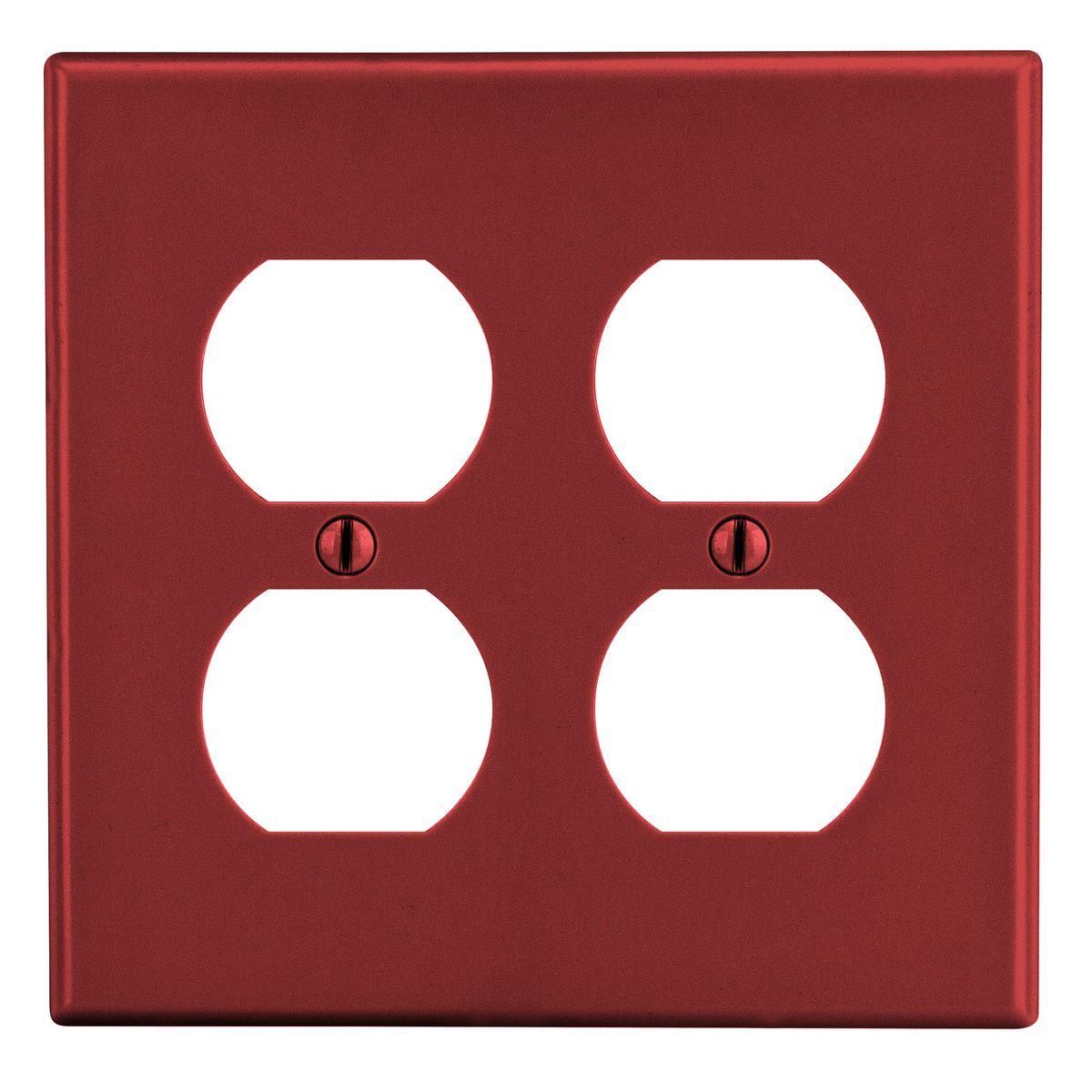 Hubbell PJ82R Wallplate, Mid-Size 2-Gang, 2) Duplex, Red  ; High-impact, self-extinguishing polycarbonate material ; More Rigid ; Sharp lines and less dimpling ; Smooth satin finish ; Blends into wall with an optimum finish ; Smooth Satin Finish