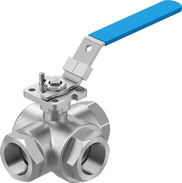 Festo 8096956 ball valve VZBE-11/4-T-63-F-3T-F05-M-V15V15 Design structure: (* 3-way ball valve, * T hole), Type of actuation: mechanical, Sealing principle: soft, Assembly position: Any, Mounting type: Line installation
