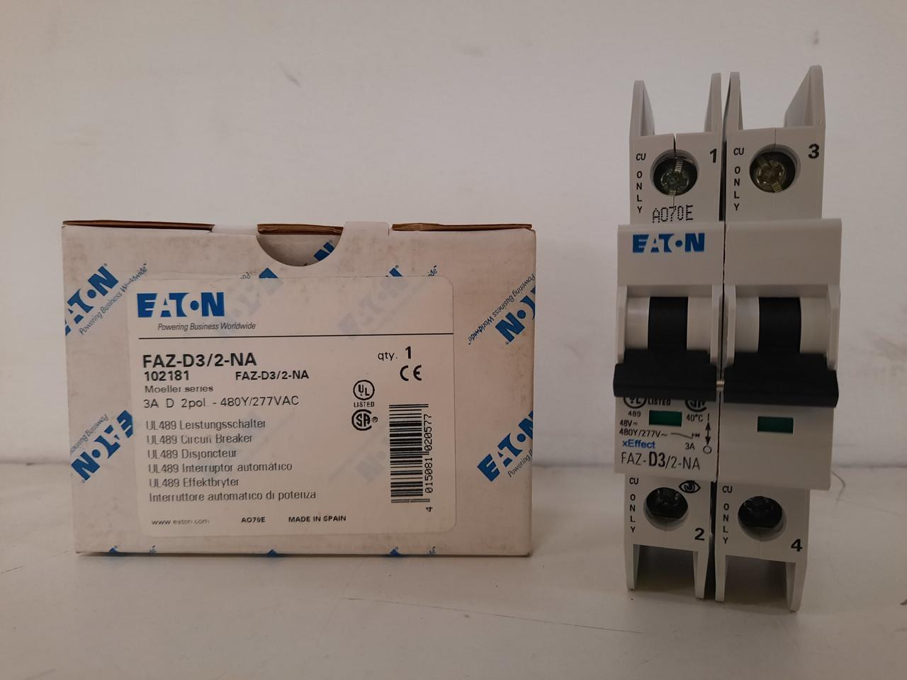 Eaton FAZ-D3/2-NA 277/480 VAC, 96 VDC, 3 A, 10 kA, 10 to 20 x Rated Current, 2-Pole, Screw Terminal, DIN Rail Mount, Current Limiting, Thermal Magnetic