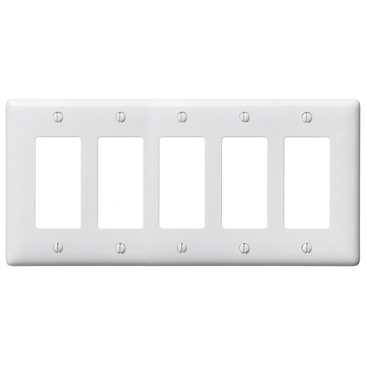 Hubbell NP265W Wallplates and Box Covers, Wallplate, Nylon, 5-Gang, 5) Decorator, White  ; Reinforcement ribs for extra strength ; High-impact, self-extinguishing nylon material ; Captive screw feature holds mounting screw in place ; Standard Size is 1/8" larger to give