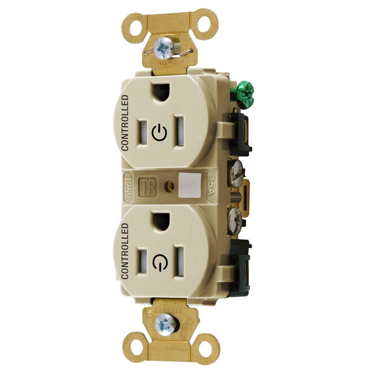 Hubbell HBL5262C2ITR Straight Blade Devices,Extra Heavy Duty Standard Duplex Receptacles for Controlled Applications , Fully Controlled,15A, 125V, 2 Pole, 3 Wire Grounding,Ivory  ; Permanently marked with universal power symbol and the word "CONTROLLED" to visually identify r