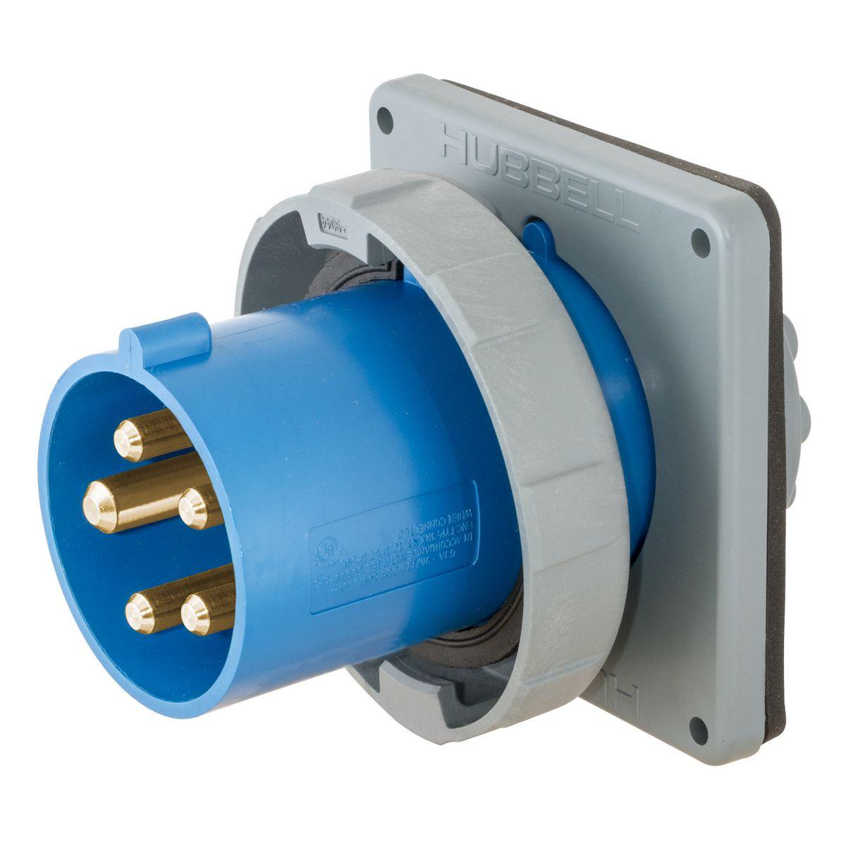 Hubbell HBL560B9W Heavy Duty Products, IEC Pin and Sleeve Devices, Industrial Grade, Male, Flanged Inlet, 60A 3-Phase Wye 120/208V AC, 4-Pole 5-Wire Grounding, Terminal Screws, Blue, Watertight  ; Solid one-piece pins for reliable electrical contact ; Gasketed sealing ring