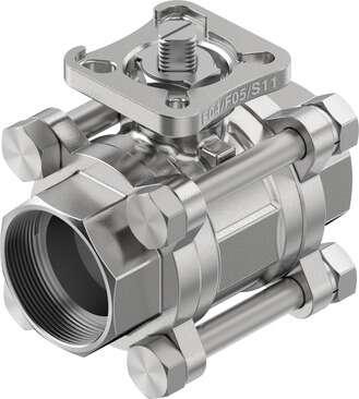 Festo 8089043 ball valve VZBE-11/4-WA-63-T-2-F0405-V15V15 Design structure: 2-way ball valve, Type of actuation: mechanical, Sealing principle: soft, Assembly position: Any, Mounting type: Line installation