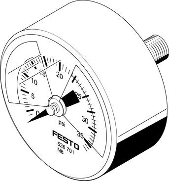 Festo 526788 pressure gauge MA-50-36-R1/4-PSI-E-RG With display unit in psi, adjustable red/green range. Indicating range [psi]: 0 - 36 psi, Conforms to standard: EN 837-1, Nominal size of pressure gauge: 50, Design structure: Bourdon-tube pressure gauge, Mounting typ