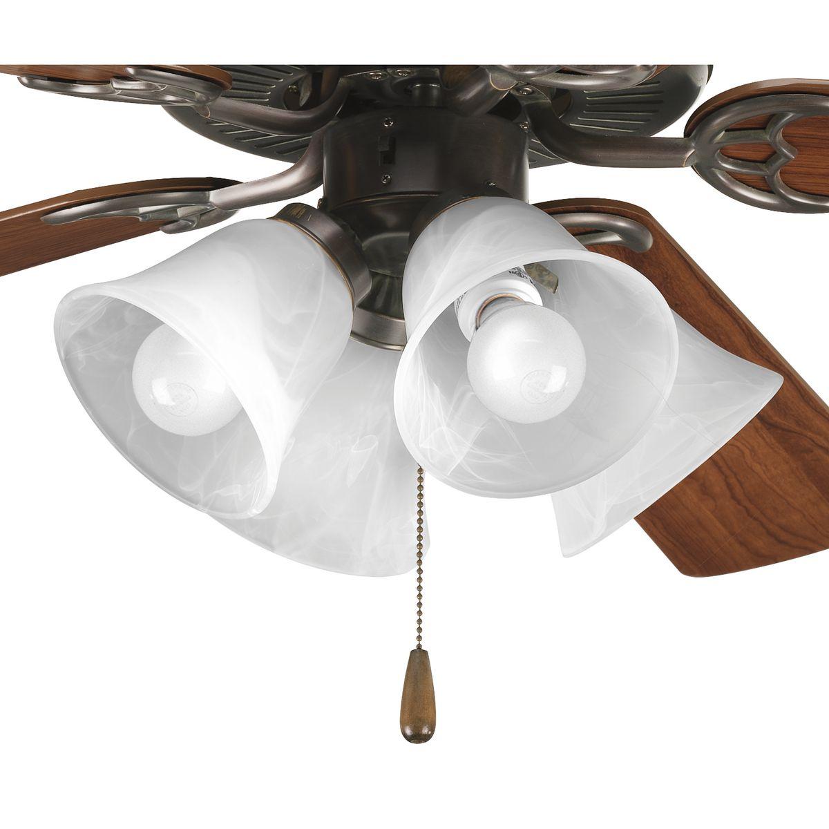 Hubbell P2610-20WB Four-light kit with white washed alabaster style glass shades beautiful in design. Innovative spring clip glass attachment system eliminates unsightly excess hardware. Good for use with P2500 and P2501 ceiling fans and includes quick connector for easy wi