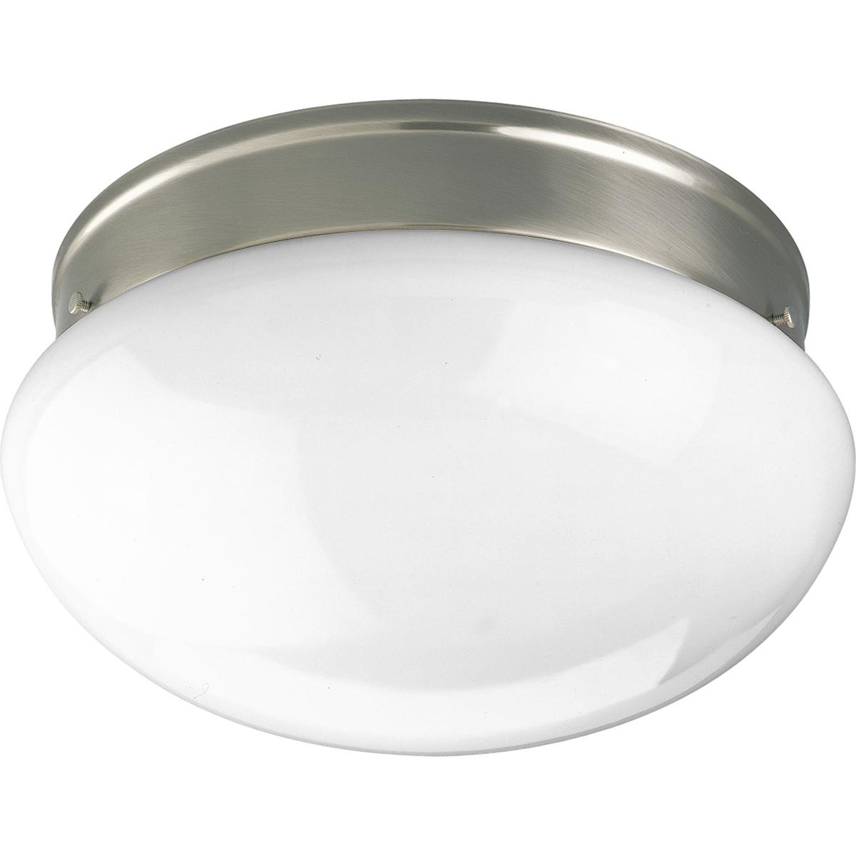 Hubbell P3412-09 With a monochrome construction perfect for a contemporary home, this two-light fixture charms with its mushroom-shaped white glass shade. The look is clean and unobtrusive, playing on the freshness of crisp white. A traditional two-light close to ceiling 