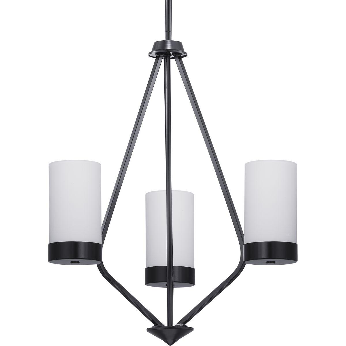 Hubbell P400021-031 Achieve a sleek and modern look with the Elevate Collections three-light chandelier. Etched glass white shades paired with a Matte Black frame provide an elegant contrast for Modern interior design settings. This fixture is part of our Design Series colle