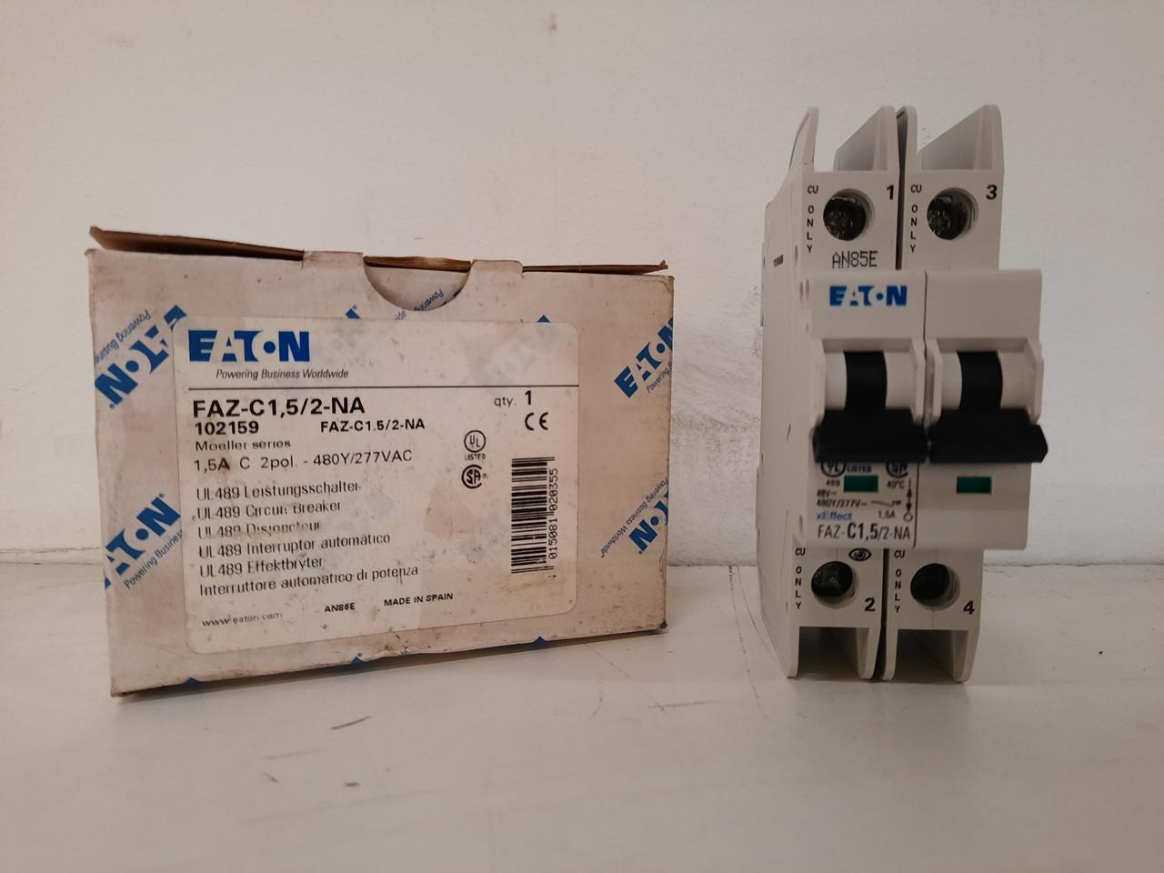 Eaton FAZ-C1.5/2-NA 277/480 VAC 50/60 Hz, 1.5 A, 2-Pole, 10/14 kA, 5 to 10 x Rated Current, Screw Terminal, DIN Rail Mount, Standard Packaging, C-Curve, Current Limiting, Thermal Magnetic, Miniature Circuit Breaker