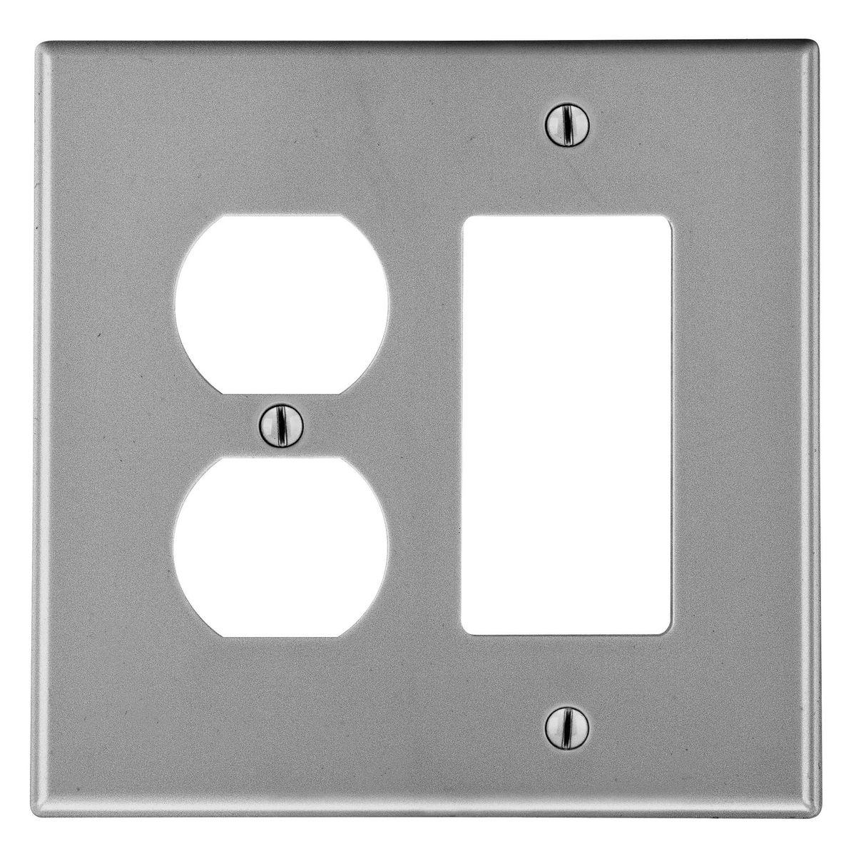 Hubbell P826GY Wallplate, 2-Gang,  1) Duplex 1) Decorator, Gray  ; High-impact, self-extinguishing polycarbonate material ; More Rigid ; Sharp lines and less dimpling ; Smooth satin finish ; Blends into wall with an optimum finish ; Smooth Satin Finish