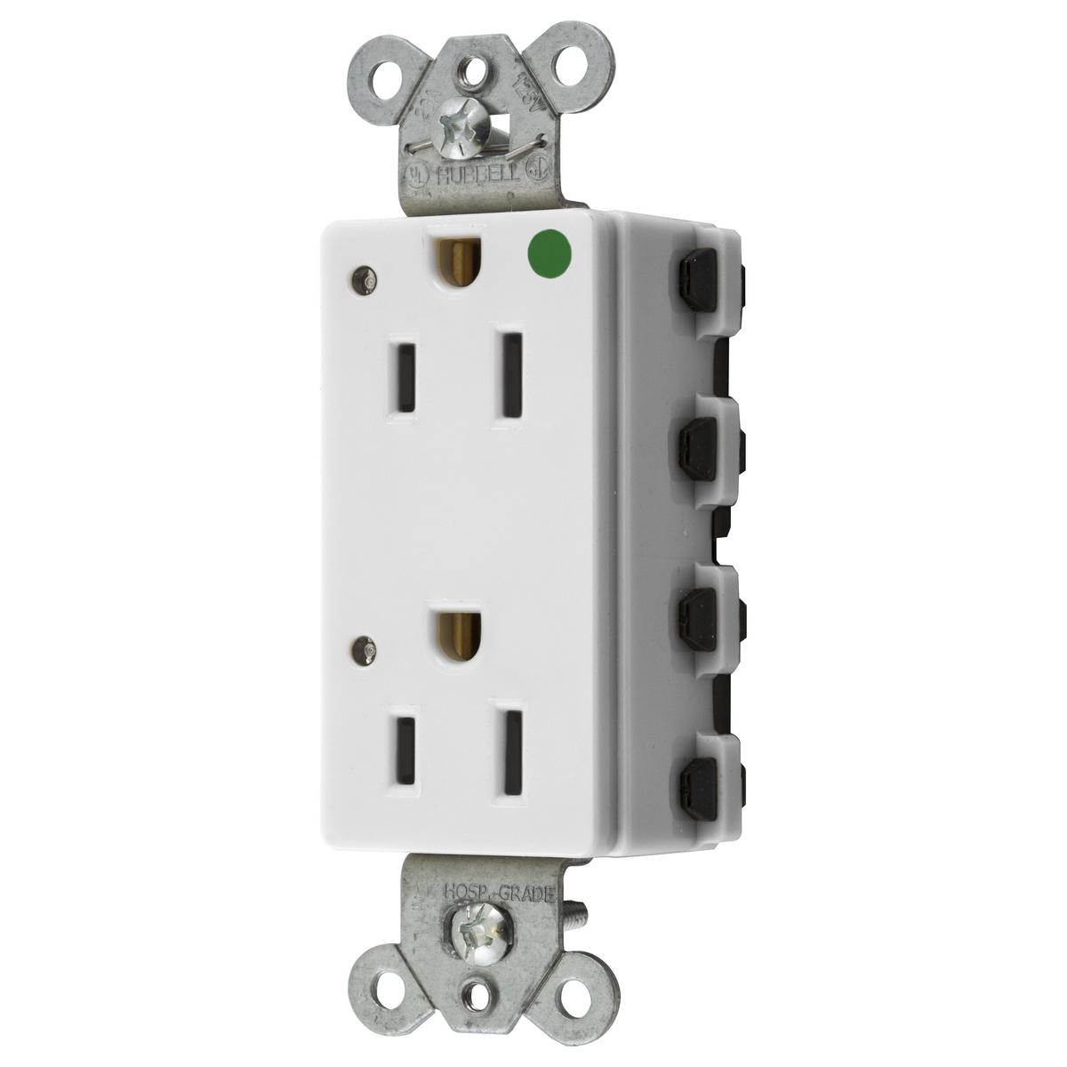 Hubbell SNAP2172WL Straight Blade Devices, Receptacles, Style Line Decorator, SNAPConnect, Hospital Grade, LED Indicator, 15A 125V, 2-Pole 3- Wire Grounding, 5-15R, Nylon, White  ; Audible SNAP, indicates solid connection ; Reduces installation time ; Fully insulated design