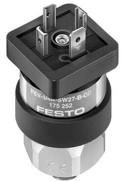 Festo 175252 pressure switch PEV-1/4-A-SW27-B-OD Opens or closes an electrical circuit when a certain pressure value is reached. Adjustable pressure switching point. Without electrical socket. CE mark (see declaration of conformity): to EU directive low-voltage device