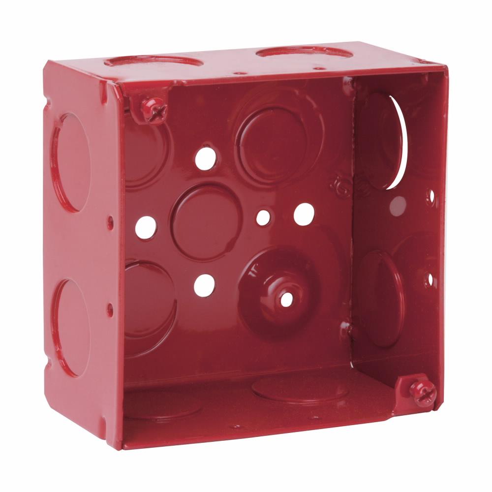 Eaton Corp TP432RED Eaton Crouse-Hinds series Square Outlet Box, (2) 1/2", (2) 1/2", (1) 3/4" E, 4", Red, Conduit (no clamps), Welded, 2-1/8", Steel, (8) 3/4", 30.3 cubic inch capacity