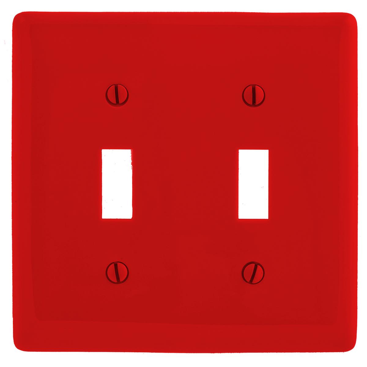 Hubbell NPJ2R Wallplates and Box Covers, Wallplate, Nylon, Mid-Sized, 2-Gang, 2) Toggle, Red  ; Reinforcement ribs for extra strength ; Captive screw feature holds mounting screw in place ; High-impact, self-extinguishing nylon material ; Smooth, easy to clean finish ;