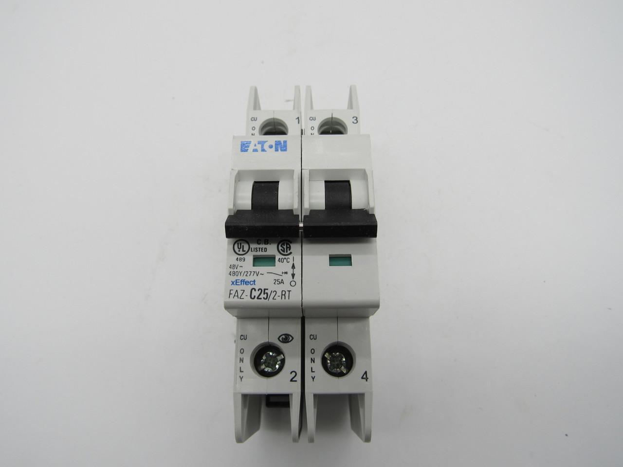Eaton FAZ-C25/2-RT 277/480 VAC 50/60 Hz, 25 A, 2-Pole, 10/14 kA, 5 to 10 x Rated Current, Ring Tongue Terminal, DIN Rail Mount, Standard Packaging, C-Curve, Current Limiting, Thermal Magnetic