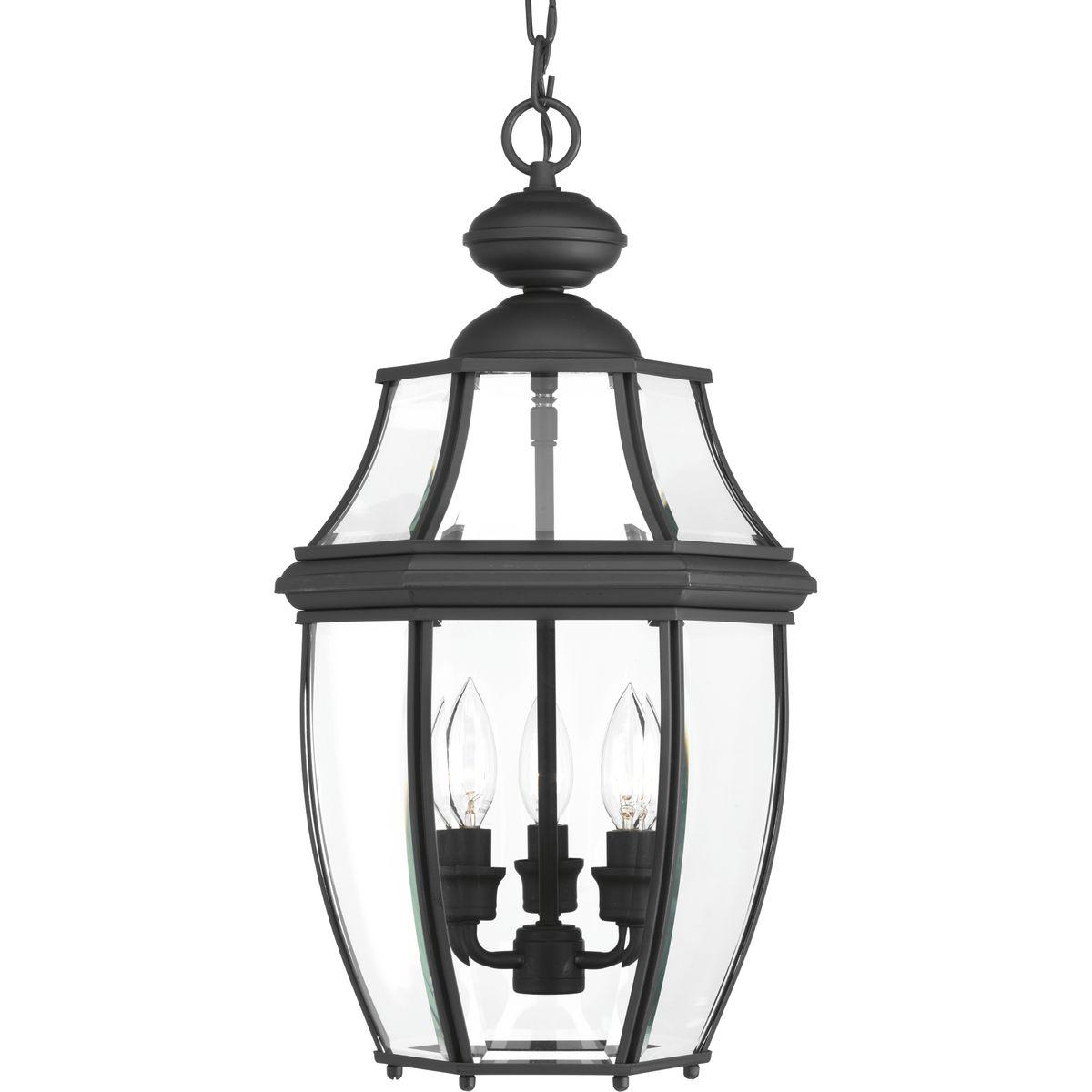 Hubbell P6533-31 A Black finish complements clear beveled glass in the New Haven outdoor hanging lantern. Durable aluminum construction. Open bottom design allows easy access to replace lamps without removing any pieces. Post, hanging and wall options are available.  ; Bl