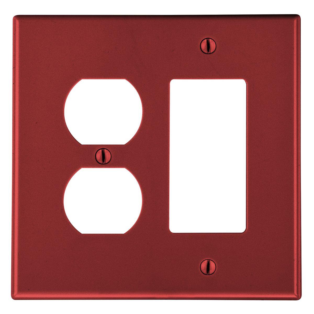 Hubbell P826R Wallplate, 2-Gang,  1) Duplex 1) Decorator, Red  ; High-impact, self-extinguishing polycarbonate material ; More Rigid ; Sharp lines and less dimpling ; Smooth satin finish ; Blends into wall with an optimum finish ; Smooth Satin Finish