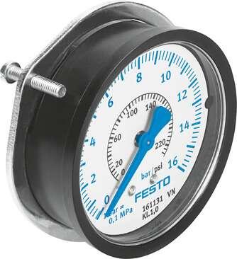 Festo 161131 flanged precision pressure gauge FMAP-63-16-1/4-EN With display unit in bar and psi. Indicating range [bar]: 0 - 16 bar, Conforms to standard: EN 837-1, Nominal size of pressure gauge: 63, Design structure: Bourdon-tube pressure gauge, Mounting type: Fron