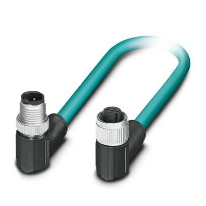 Phoenix Contact 1192141 Network cable, Ethernet CAT5e (100 Mbps), 4-position, TPE, Teal, shielded, Plug angled M12 / IP65, coding: D, on Socket angled M12 / IP65, coding: D, cable length: 2 m