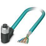Phoenix Contact 1408755 Network cable, Ethernet CAT5 (1 Gbps), 8-position, PUR halogen-free, water blue RAL 5021, shielded, free cable end, on Socket angled M12 / IP67, coding: A, cable length: 10 m