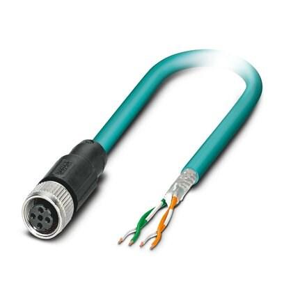 Phoenix Contact 1192161 Network cable, Ethernet CAT5e (100 Mbps), 4-position, TPE, Teal, shielded, free cable end, on Socket straight M12 / IP65, coding: D, cable length: 5 m