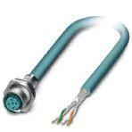 Phoenix Contact 1405866 Assembled Ethernet cable, CAT5e, shielded, 2-pair, AWG 26 stranded (7-wire), RAL 5021 (water blue), M12 flush-type socket, rear/screw mounting with M16 thread on free conductor end, line, length 2 m