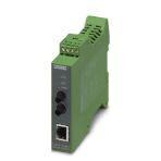Phoenix Contact 2902854 FO converter with B-FOC (ST®) fiber optic connection (1300 nm), for converting 10/100Base-T(X) to multi-mode fiberglass (50/125 µm). Auto negotiation and auto MDI(X) function. Comprehensive link diagnostics. DIN-rail mountable, 18 ... 30 V DC supply.