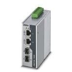 Phoenix Contact 1026765 PoE+ Ethernet switch conforms to IEEE 802.3at. Includes two 10/100/1000 Mbps PoE+ ports, two 100/1000 Mbps SFP ports, a total system budget of 60 W, and jumbo frames up to 10240 bytes.