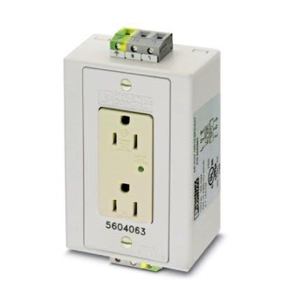 Phoenix Contact 5604063 Rail-mounted dual power outlet with two 120Â VÂ AC/15Â A receptacles equipped with transient voltage surge suppression (TVSS) for 35Â mm DIN rail per ENÂ 60715. The outlet protects laptops, instrumentation, and other sensitive 120Â VÂ AC-powered equipment