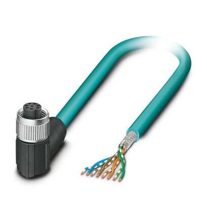 Phoenix Contact 1192115 Network cable, Ethernet CAT5e (1 Gbps), 8-position, TPE, Teal, free cable end, on Socket angled M12 / IP65, coding: A, cable length: 2 m