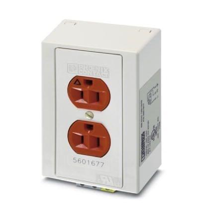 Phoenix Contact 5601677 Rail-mounted dual power outlet with two 120Â VÂ AC/15Â A receptacles equipped with isolated grounding for 35Â mm DIN rail per ENÂ 60715. The isolated grounding, indicated by the orange outlets, virtually eliminates electrical noise created by transient cu