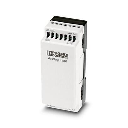 Phoenix Contact 2701098 I/O extension module for use with Nanoline base unit. Equipped with 4 analog input channels. A maximum of three I/O extension modules can be attached to a base unit.