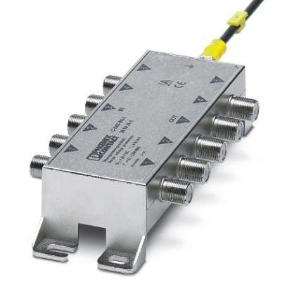 Phoenix Contact 2880561 Surge protection for antenna distributors in satellite systems. IN and OUT via F connectors, 5 channels for signals from SAT systems and terrestrial antennas, ground connection on the outside of the housing.