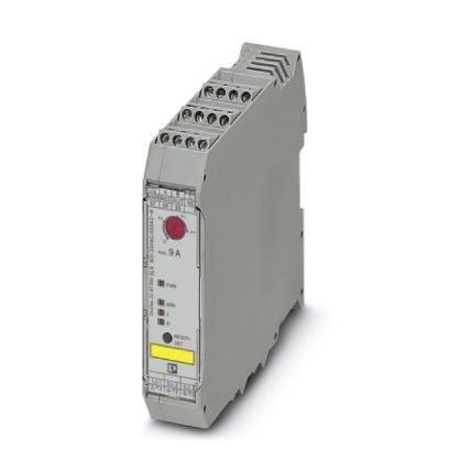 Phoenix Contact 2297060 "4 in 1" three-phase semiconductor reversing contactor with 230 V AC input, 9 A output current, emergency stop function, and adjustable overload switching.
