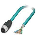 Phoenix Contact 1418075 Network cable, Ethernet CAT5 (1 Gbps), 8-position, PUR halogen-free, water blue RAL 5021, shielded, Plug straight M12 / IP67, coding: A, on free cable end, cable length: 40 m