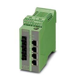 Phoenix Contact 2989831 Ethernet Lean Managed Switch with four 10/100 Mbps RJ45 ports and two 100 Mbps FX-ST multi-mode ports, preconfigured for EtherNet/IP™