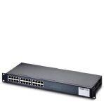 Phoenix Contact 2891041 Ethernet switch, 24 Ethernet ports on the front in RJ45 format, automatic detection of 10 or 100 Mbps data transmission rate, coupling of network segments with different transmission speeds, auto crossing function, installs in 19-in. (482 mm) rack